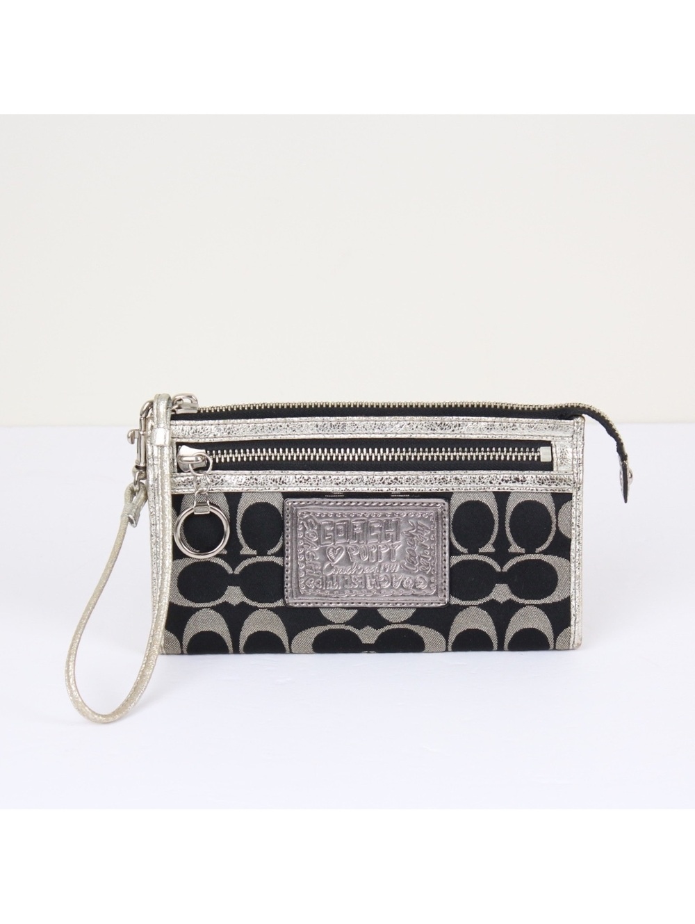 Coach Poppy Signature Jacquard Wristlet Pouch Black Metallic Silver Trim
